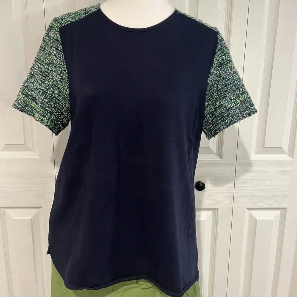 J.Crew Navy & Green Tweed Sleeve Top, Size M